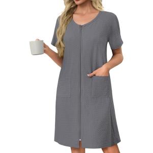Ekouaer Women’s Zipper Robe Short Sleeves Swiss Dots Housecoat Zip Up Bathrobe Soft Nightgown with Pockets S-3XL(Gray)