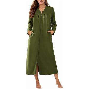Ekouaer Zipper Robes for Women Long Knit Bathrobes Lightweight Full Length Housecoat with Pockets Nightgown S-3XL(Army Green)