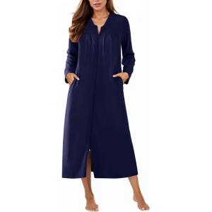 Ekouaer Zipper Robes for Women Long Knit Bathrobes Lightweight Full Length Housecoat with Pockets Nightgown S-3XL(Navy Blue)