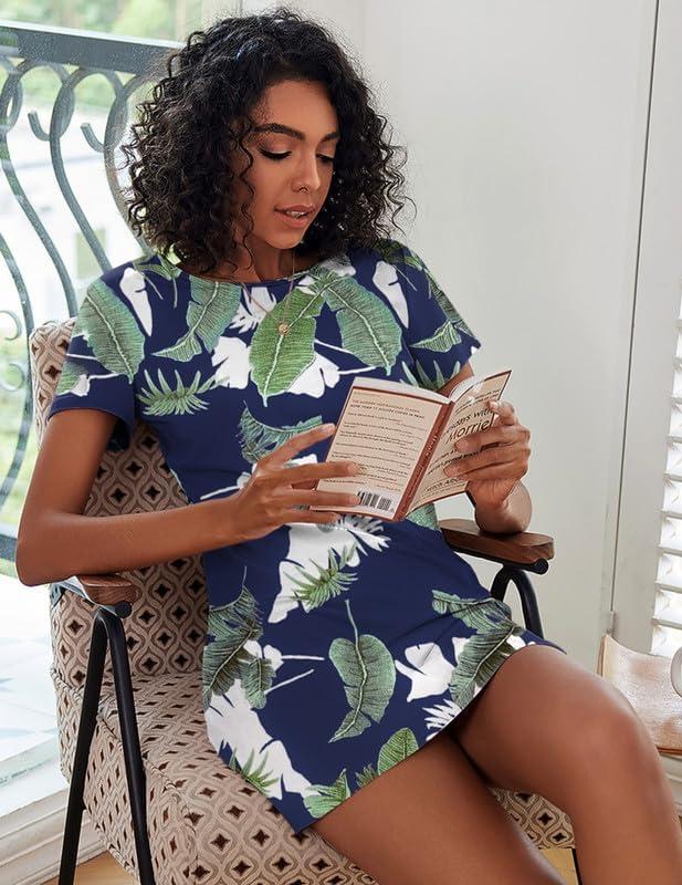 imageEkouaer 2 Pack Nightgowns for Women Sleepshirt Short Sleeve Night Shirts Soft Sleep Dress Classic NightDress SXXLTropical Leafnavy Blue
