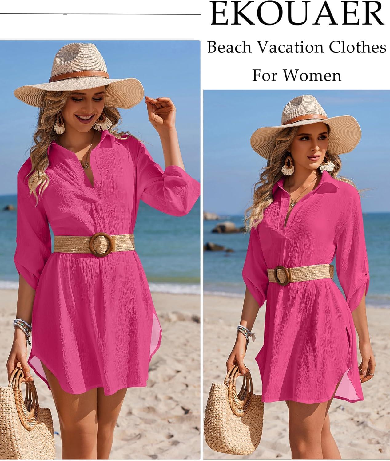 imageEkouaer Beach Cover Ups for Women Bikini Swimsuit Coverup Beach Dress ShirtHot Pink