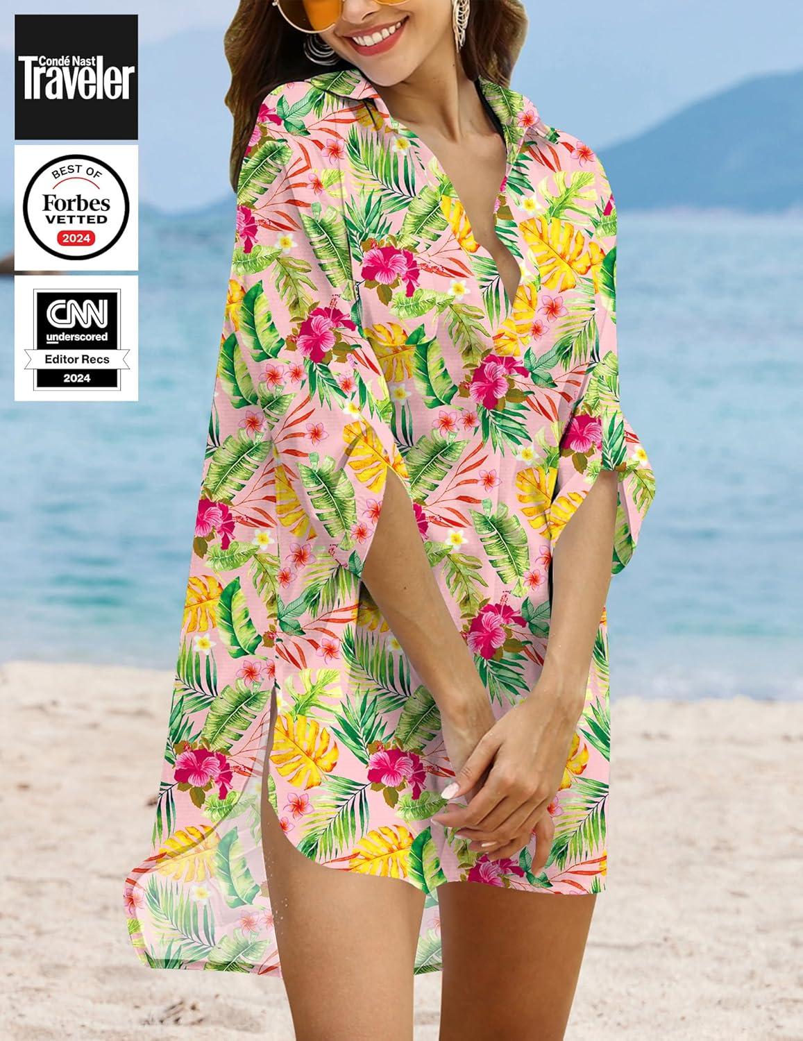 imageEkouaer Beach Cover Ups for Women Bikini Swimsuit Coverup Beach Dress ShirtPink Color Leaf