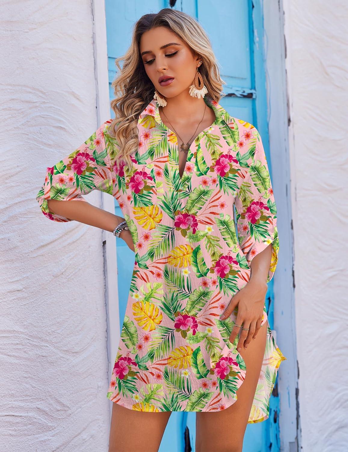 imageEkouaer Beach Cover Ups for Women Bikini Swimsuit Coverup Beach Dress ShirtPink Color Leaf