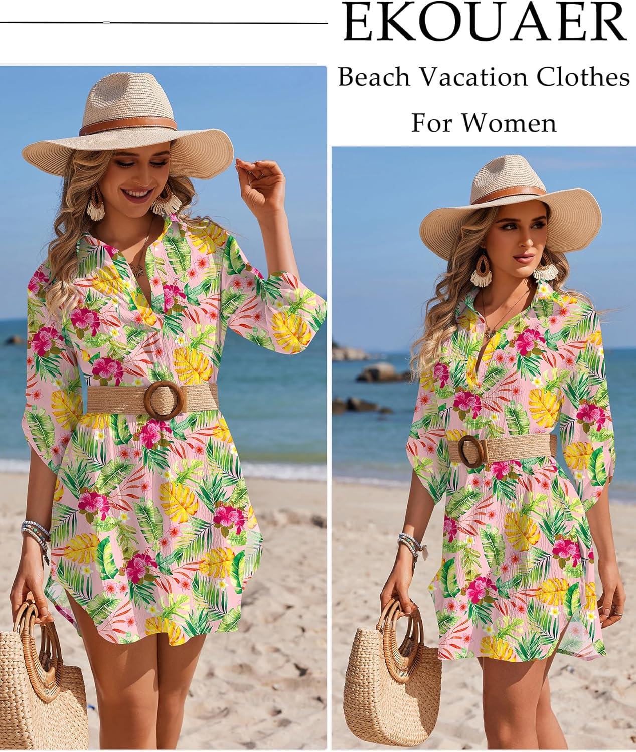 imageEkouaer Beach Cover Ups for Women Bikini Swimsuit Coverup Beach Dress ShirtPink Color Leaf