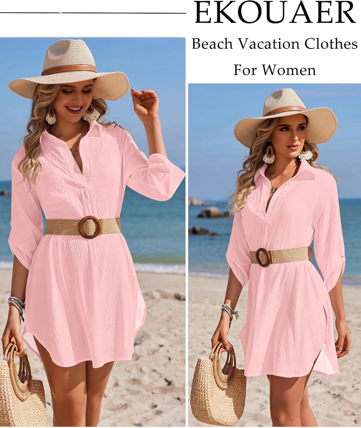 imageEkouaer Beach Cover Ups for Women Bikini Swimsuit Coverup Beach Dress ShirtPink