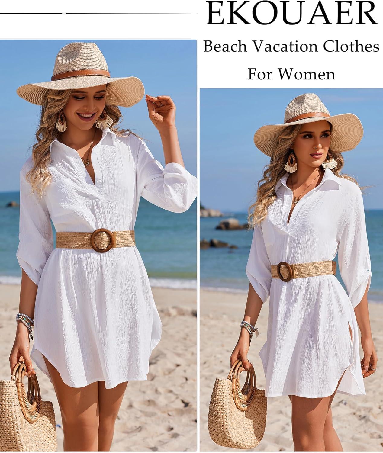 imageEkouaer Beach Cover Ups for Women Bikini Swimsuit Coverup Beach Dress ShirtWhite