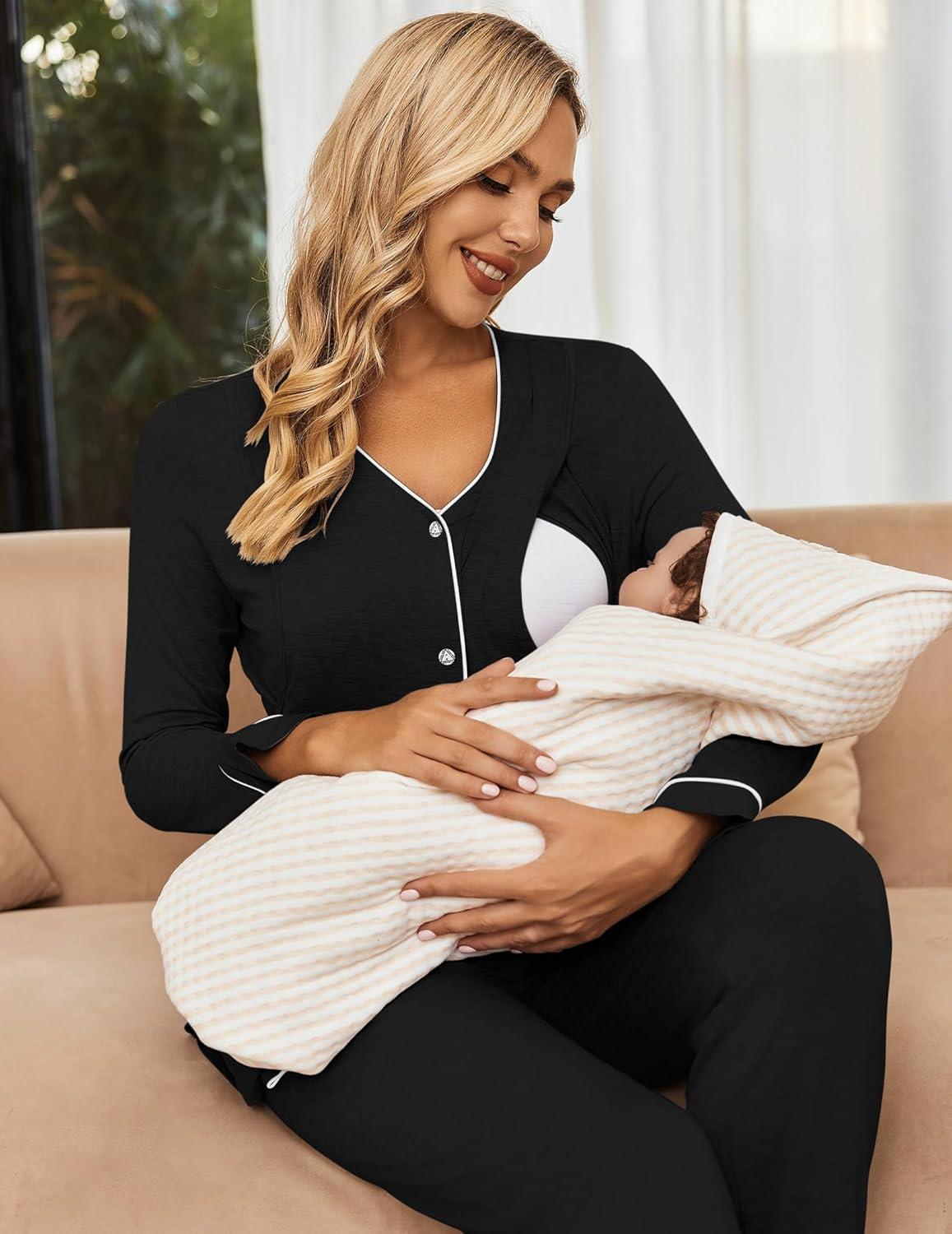 imageEkouaer Maternity Pajama Set Button Down Nursing Pajamas Long Sleeve Breastfeeding Loungewear with Adjustable PantsBlack