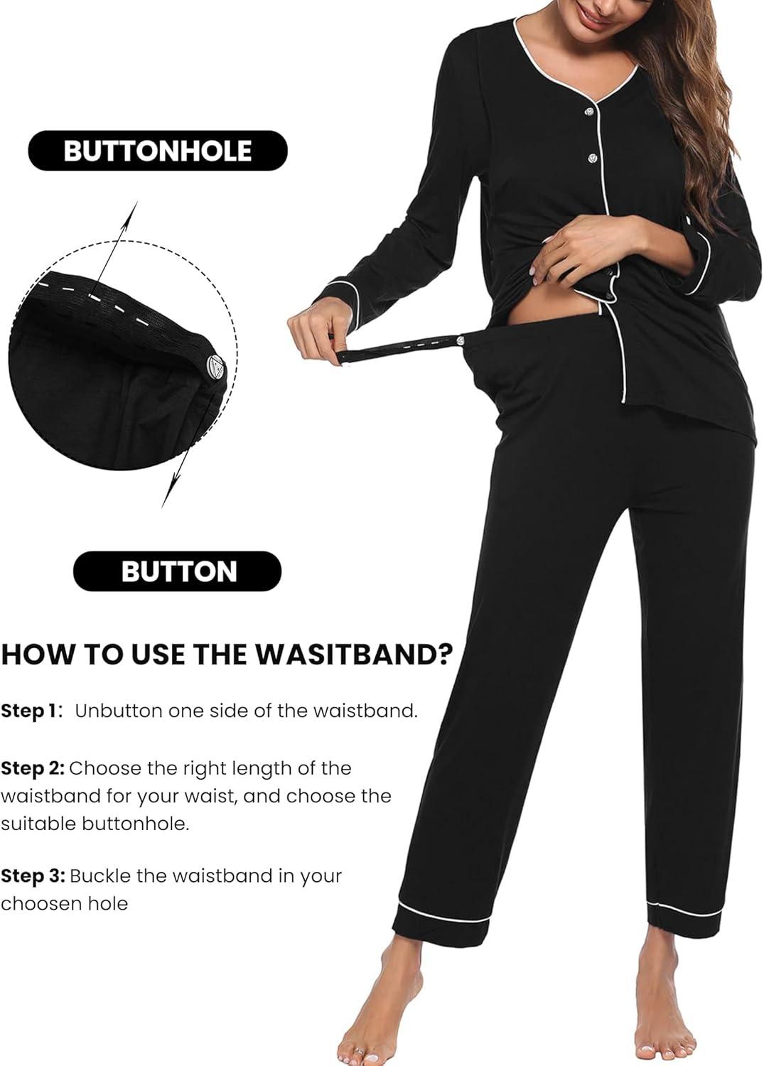 imageEkouaer Maternity Pajama Set Button Down Nursing Pajamas Long Sleeve Breastfeeding Loungewear with Adjustable PantsBlack