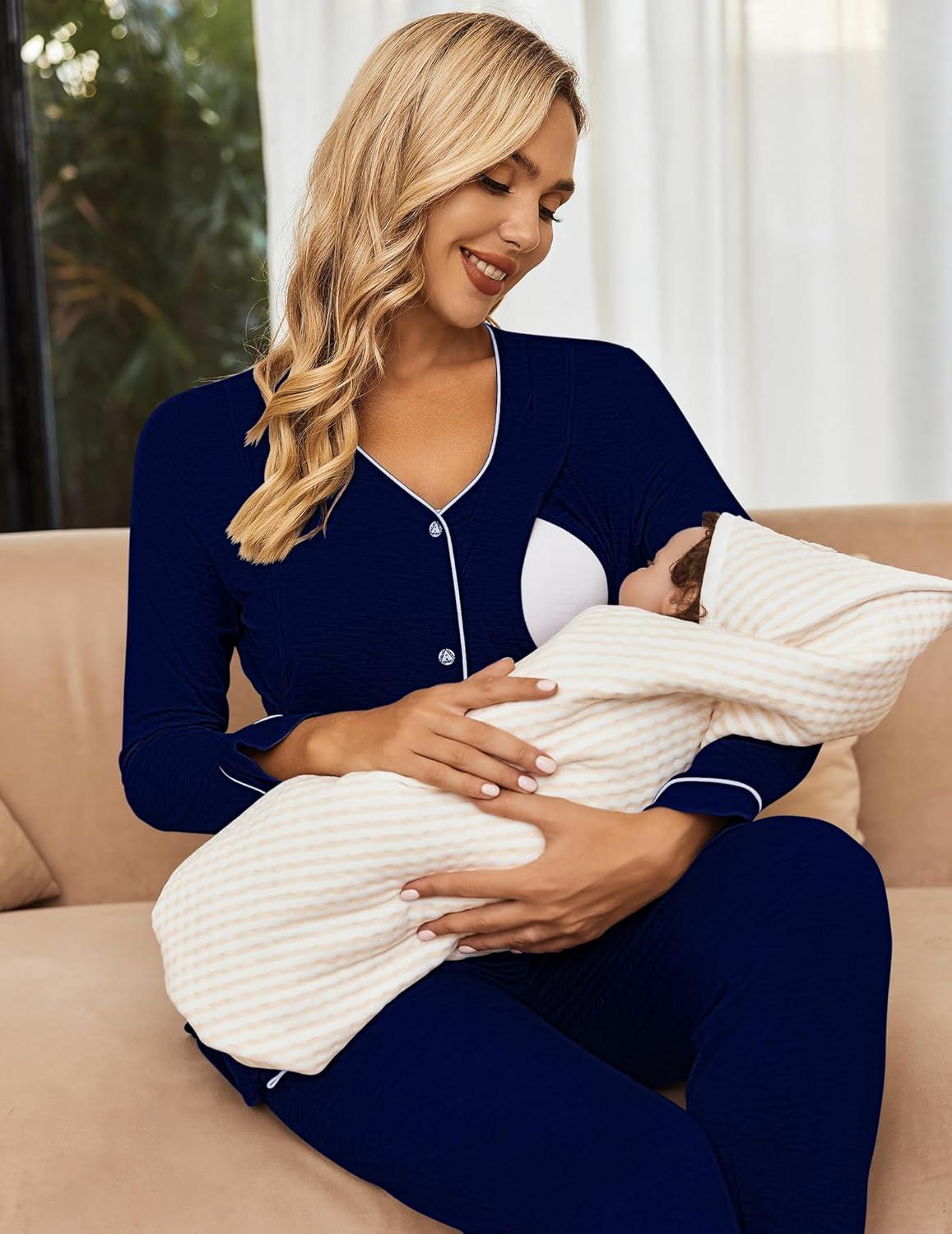 imageEkouaer Maternity Pajama Set Button Down Nursing Pajamas Long Sleeve Breastfeeding Loungewear with Adjustable PantsNavy Blue