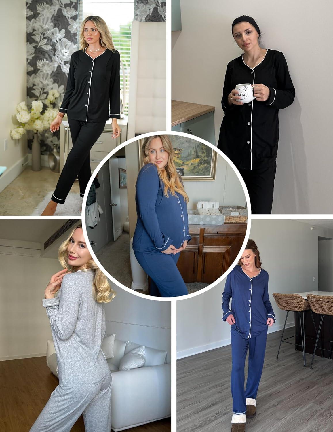 imageEkouaer Maternity Pajama Set Button Down Nursing Pajamas Long Sleeve Breastfeeding Loungewear with Adjustable PantsNavy Blue
