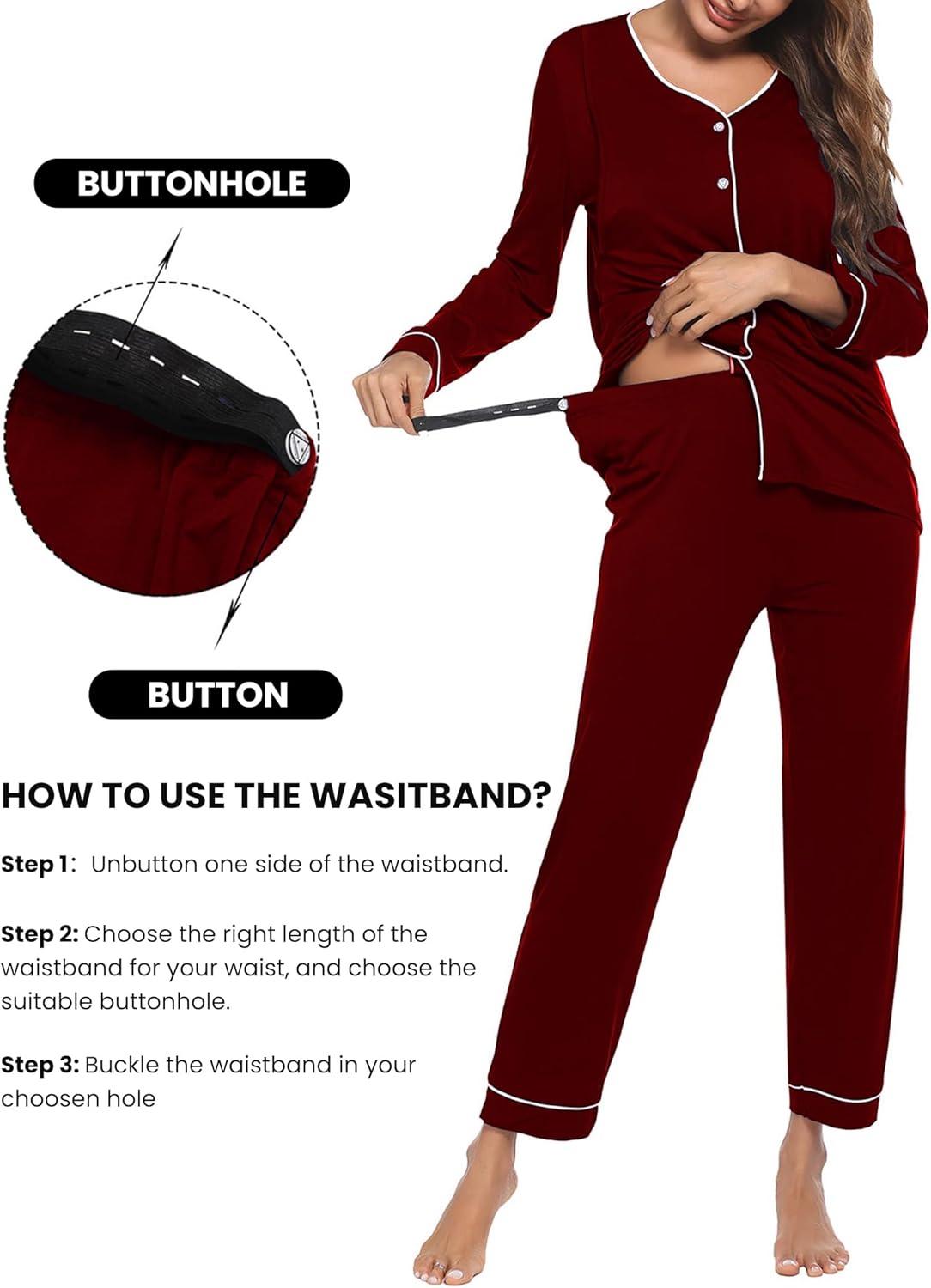 imageEkouaer Maternity Pajama Set Button Down Nursing Pajamas Long Sleeve Breastfeeding Loungewear with Adjustable PantsRed