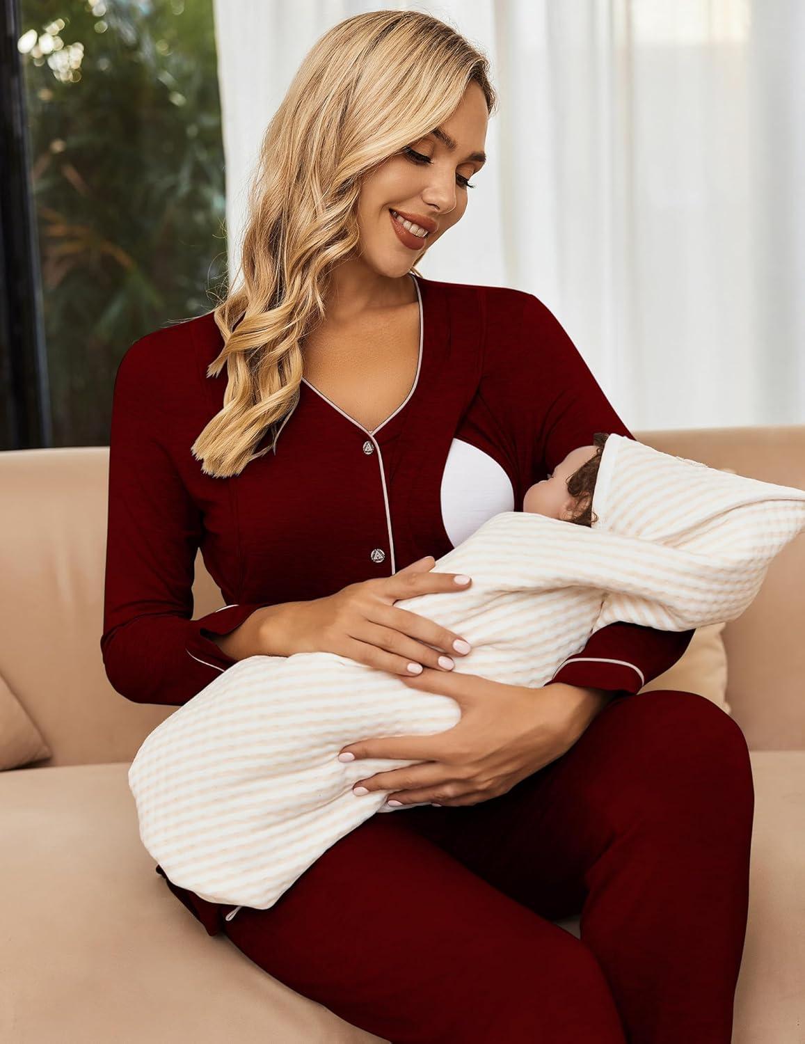 imageEkouaer Maternity Pajama Set Button Down Nursing Pajamas Long Sleeve Breastfeeding Loungewear with Adjustable PantsRed