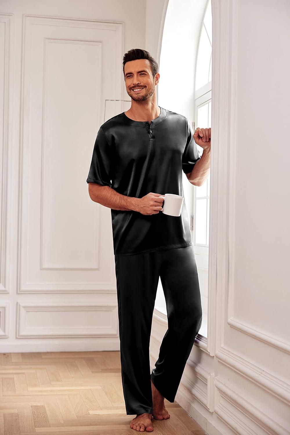 imageEkouaer Mens Silk Satin Pajama Set Short Sleeve Sleepwear Silky Loungewear with Long PantsBlack