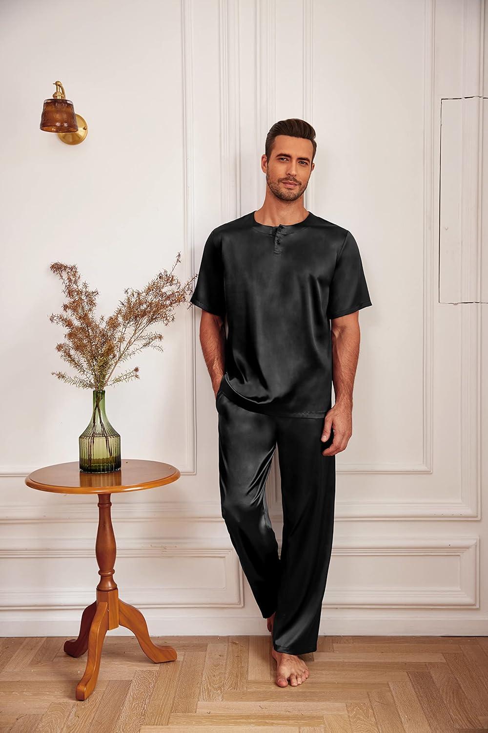 imageEkouaer Mens Silk Satin Pajama Set Short Sleeve Sleepwear Silky Loungewear with Long PantsBlack