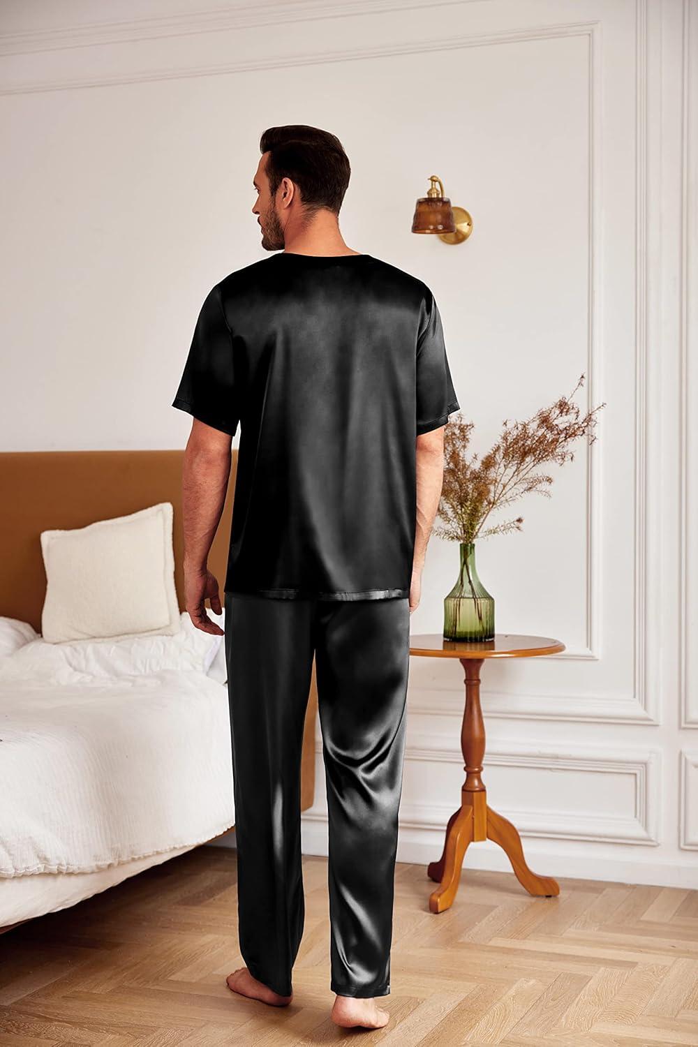 imageEkouaer Mens Silk Satin Pajama Set Short Sleeve Sleepwear Silky Loungewear with Long PantsBlack