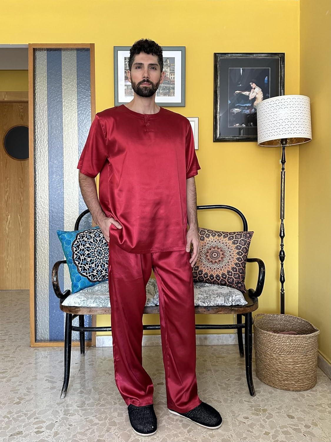 imageEkouaer Mens Silk Satin Pajama Set Short Sleeve Sleepwear Silky Loungewear with Long PantsWine Red