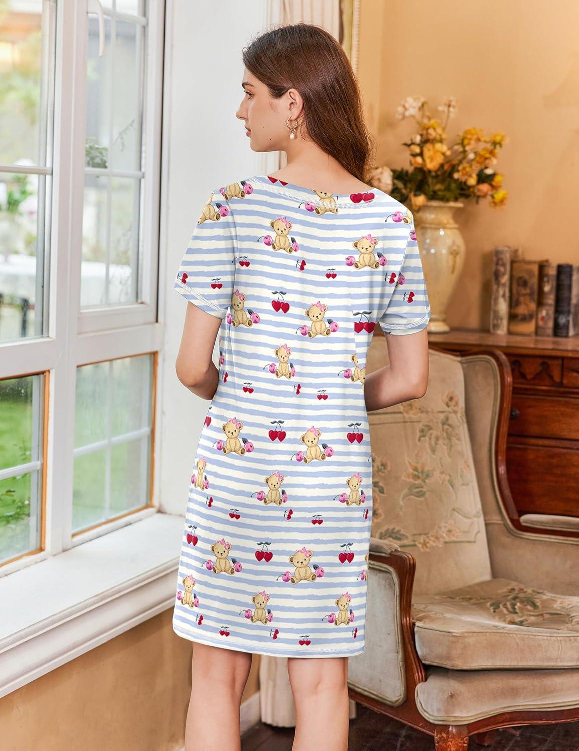 imageEkouaer Nightgowns for Women Short Sleeve Sleep Shirts V Neck Nightshirts Soft Sleepshirt Caual T Shirt SleepdressBear Blue