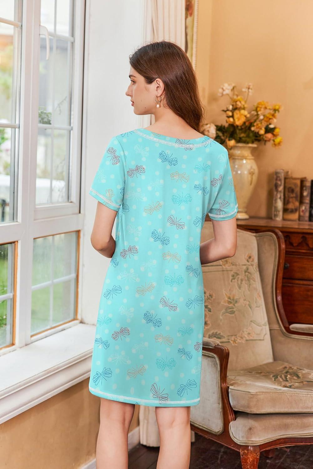 imageEkouaer Nightgowns for Women Short Sleeve Sleep Shirts V Neck Nightshirts Soft Sleepshirt Caual T Shirt SleepdressBlue Butterfly