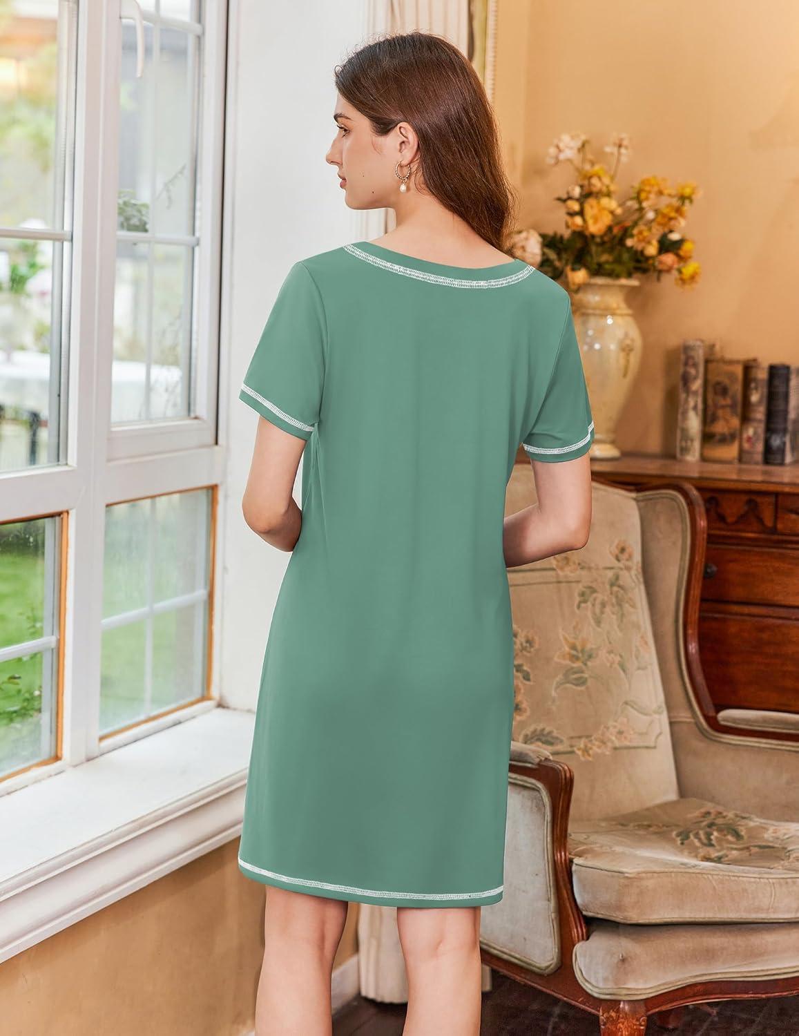 imageEkouaer Nightgowns for Women Short Sleeve Sleep Shirts V Neck Nightshirts Soft Sleepshirt Caual T Shirt SleepdressMedium Green