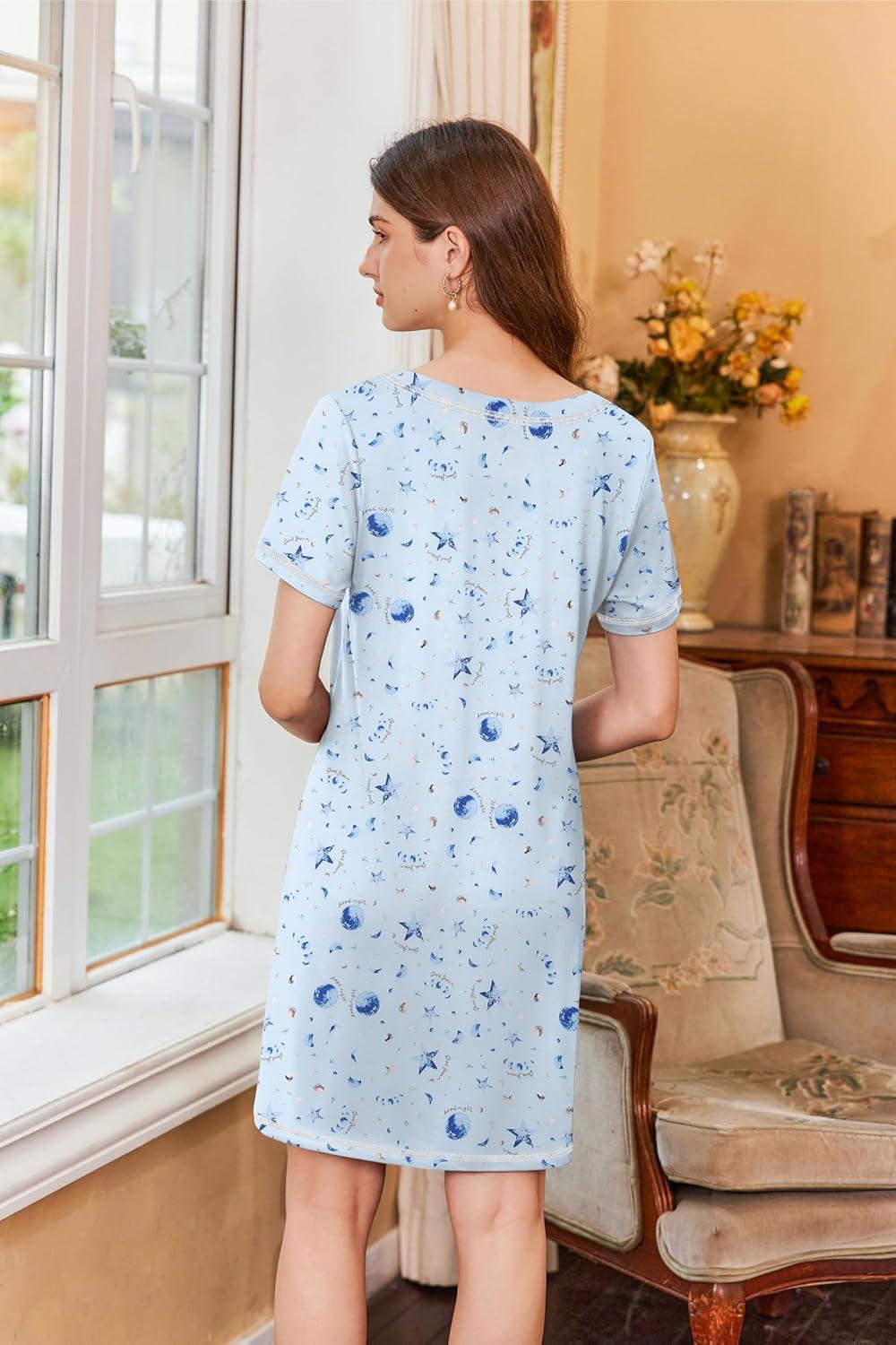 imageEkouaer Nightgowns for Women Short Sleeve Sleep Shirts V Neck Nightshirts Soft Sleepshirt Caual T Shirt SleepdressMoon Star