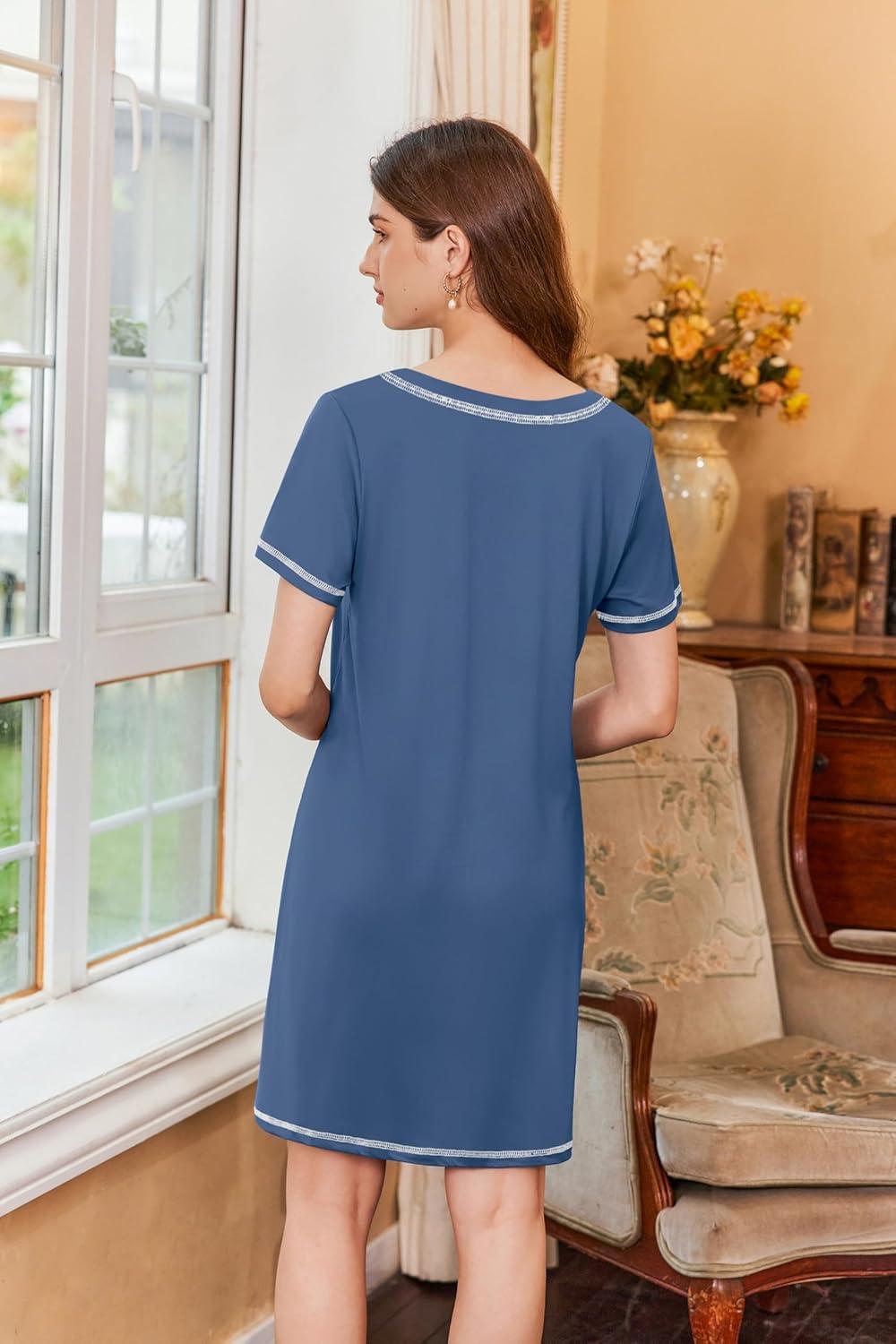 imageEkouaer Nightgowns for Women Short Sleeve Sleep Shirts V Neck Nightshirts Soft Sleepshirt Caual T Shirt SleepdressNavy