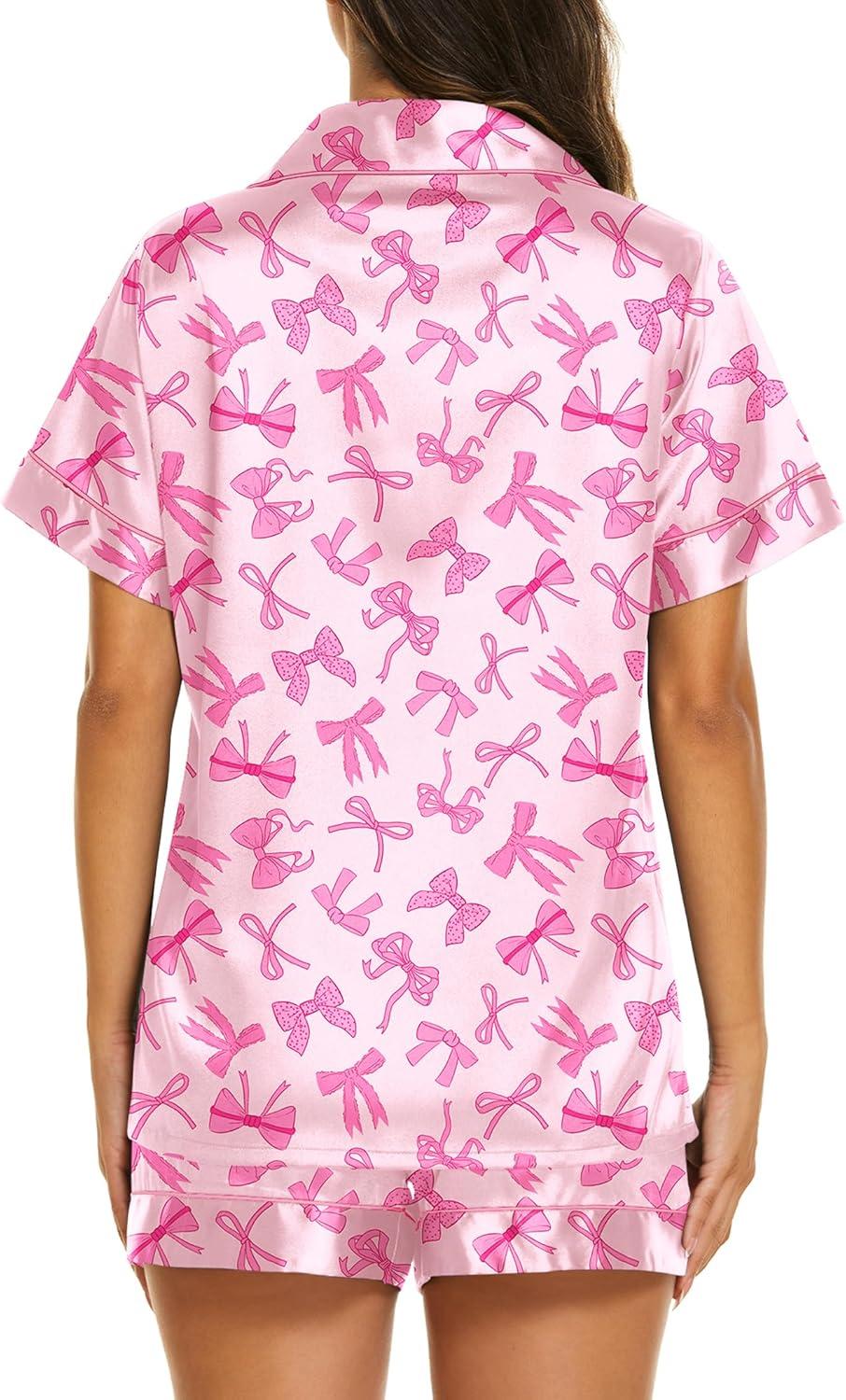 imageEkouaer Silk Pajamas for Women Short Sleeve Sleepwear Soft Button Down Loungewear 2 Piece Satin Pjs Shorts SetBow Knot Pink