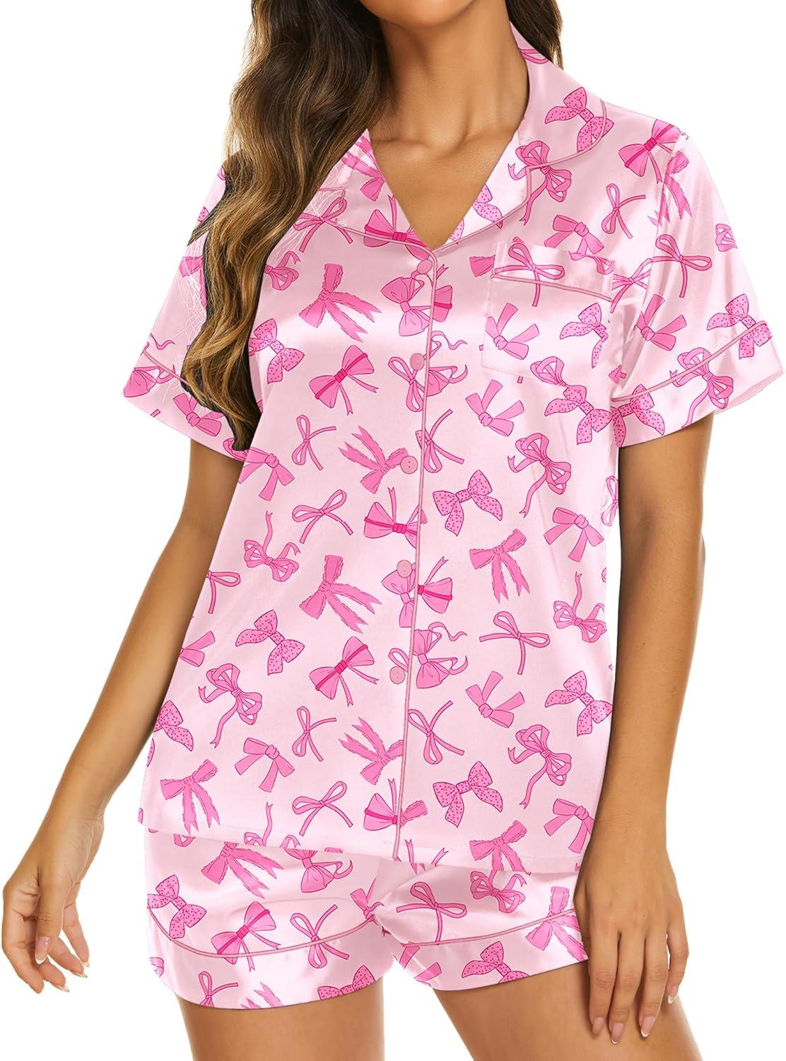 imageEkouaer Silk Pajamas for Women Short Sleeve Sleepwear Soft Button Down Loungewear 2 Piece Satin Pjs Shorts SetBow Knot Pink