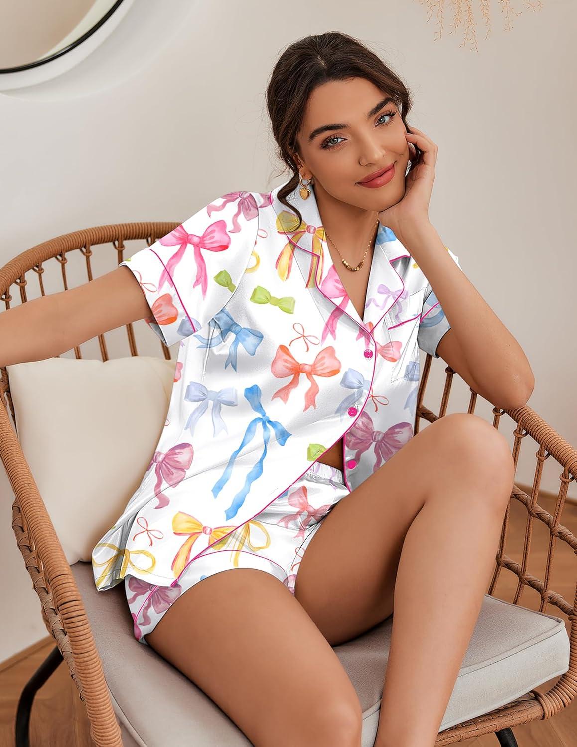 imageEkouaer Silk Pajamas for Women Short Sleeve Sleepwear Soft Button Down Loungewear 2 Piece Satin Pjs Shorts SetBow Knot White