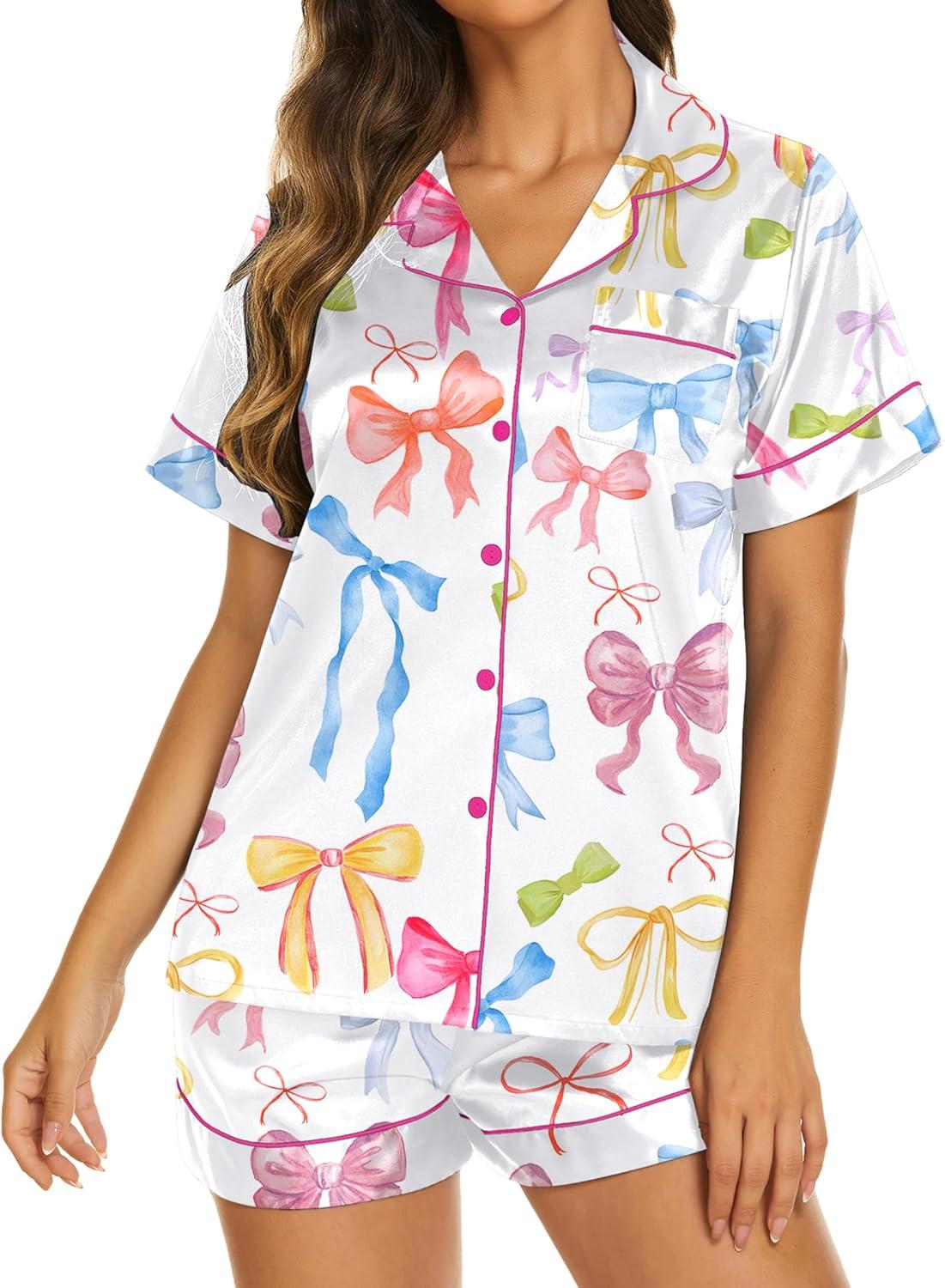 imageEkouaer Silk Pajamas for Women Short Sleeve Sleepwear Soft Button Down Loungewear 2 Piece Satin Pjs Shorts SetBow Knot White