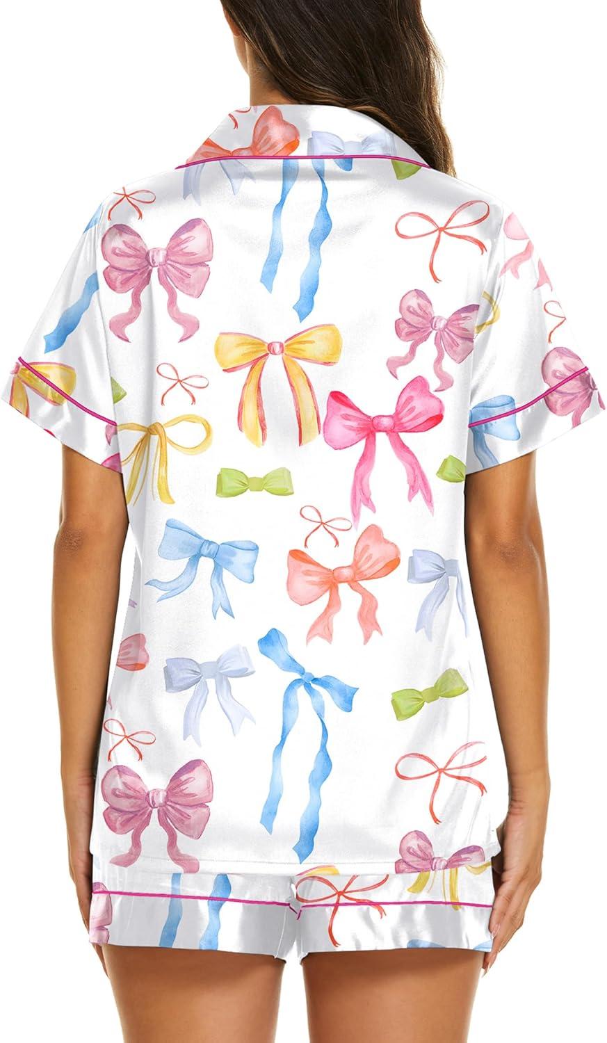 imageEkouaer Silk Pajamas for Women Short Sleeve Sleepwear Soft Button Down Loungewear 2 Piece Satin Pjs Shorts SetBow Knot White