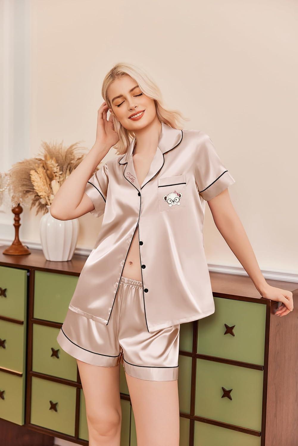 imageEkouaer Silk Pajamas for Women Short Sleeve Sleepwear Soft Button Down Loungewear 2 Piece Satin Pjs Shorts SetTeddy Champagne Teddy