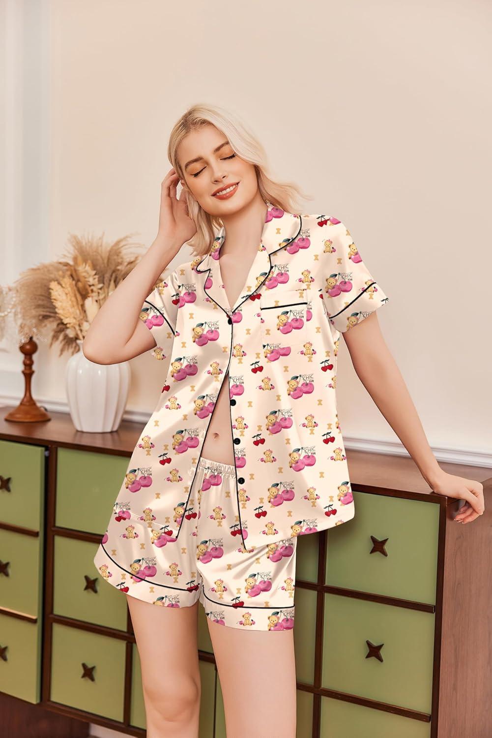 imageEkouaer Silk Pajamas for Women Short Sleeve Sleepwear Soft Button Down Loungewear 2 Piece Satin Pjs Shorts SetTeddy Cherry Champagne