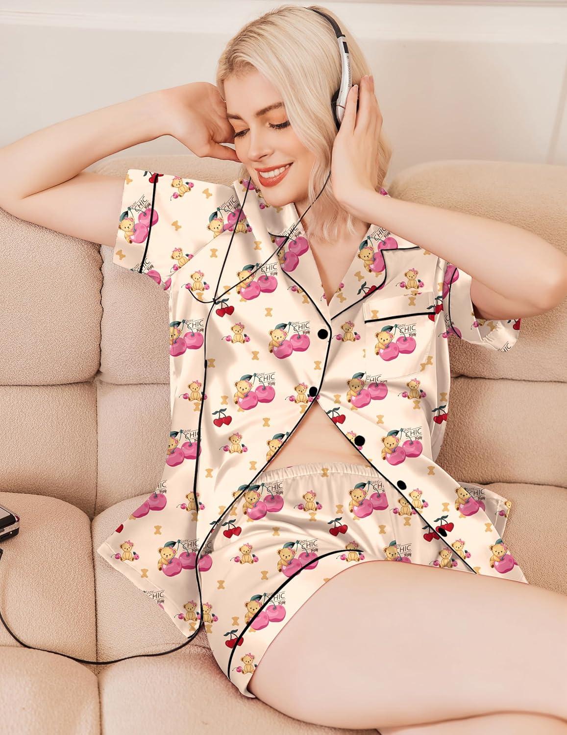 imageEkouaer Silk Pajamas for Women Short Sleeve Sleepwear Soft Button Down Loungewear 2 Piece Satin Pjs Shorts SetTeddy Cherry Champagne