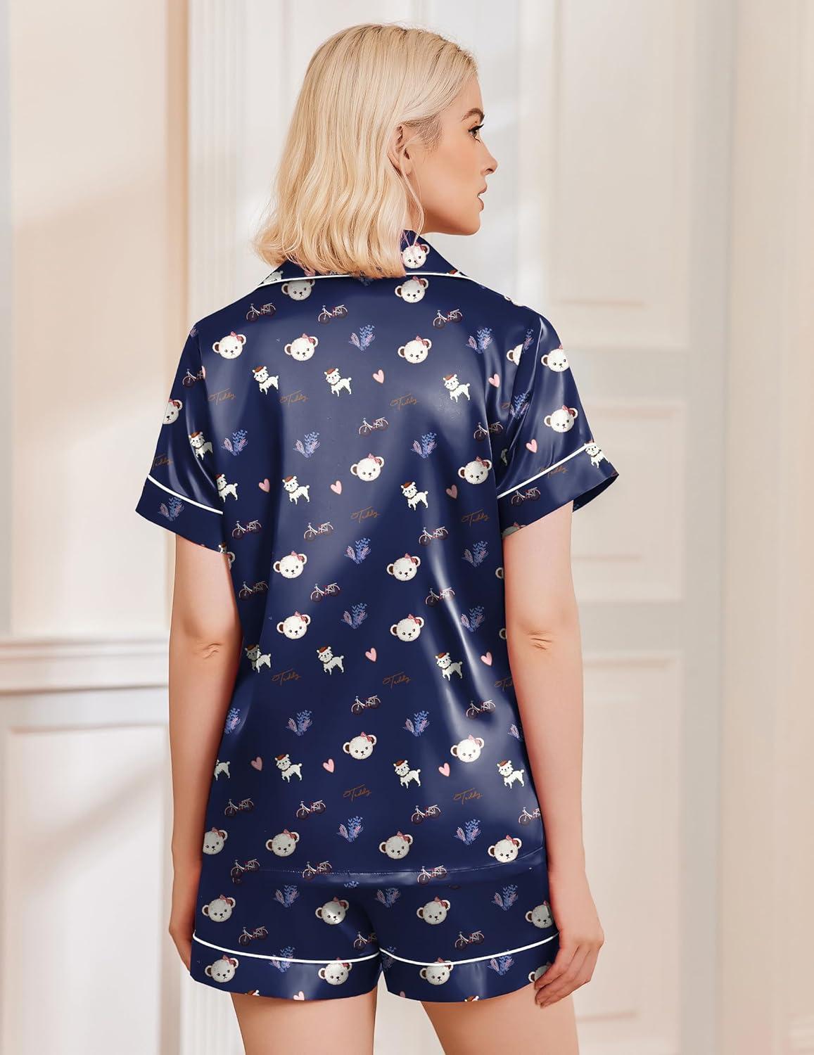imageEkouaer Silk Pajamas for Women Short Sleeve Sleepwear Soft Button Down Loungewear 2 Piece Satin Pjs Shorts SetTeddy Navy