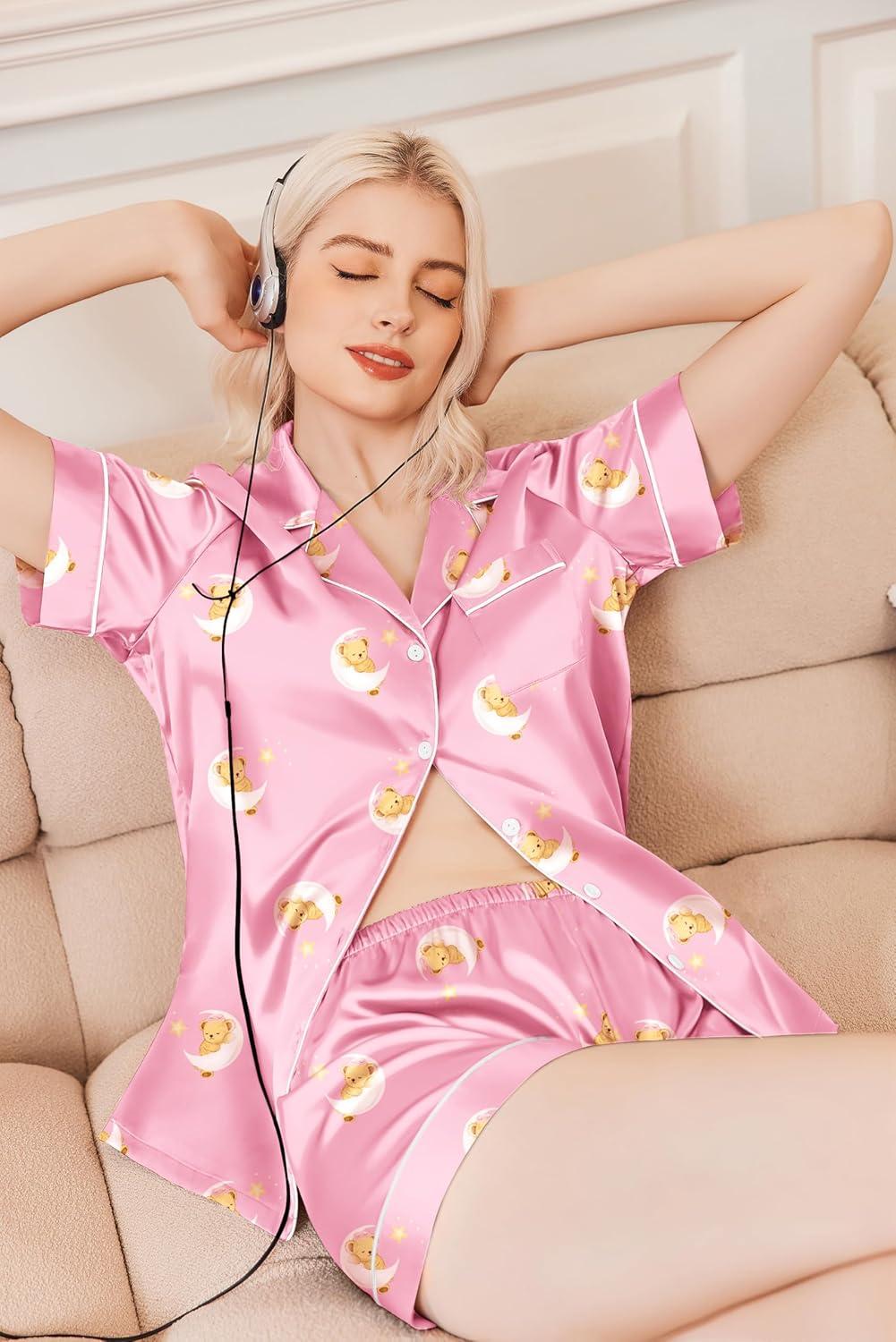 imageEkouaer Silk Pajamas for Women Short Sleeve Sleepwear Soft Button Down Loungewear 2 Piece Satin Pjs Shorts SetTeddy Pink