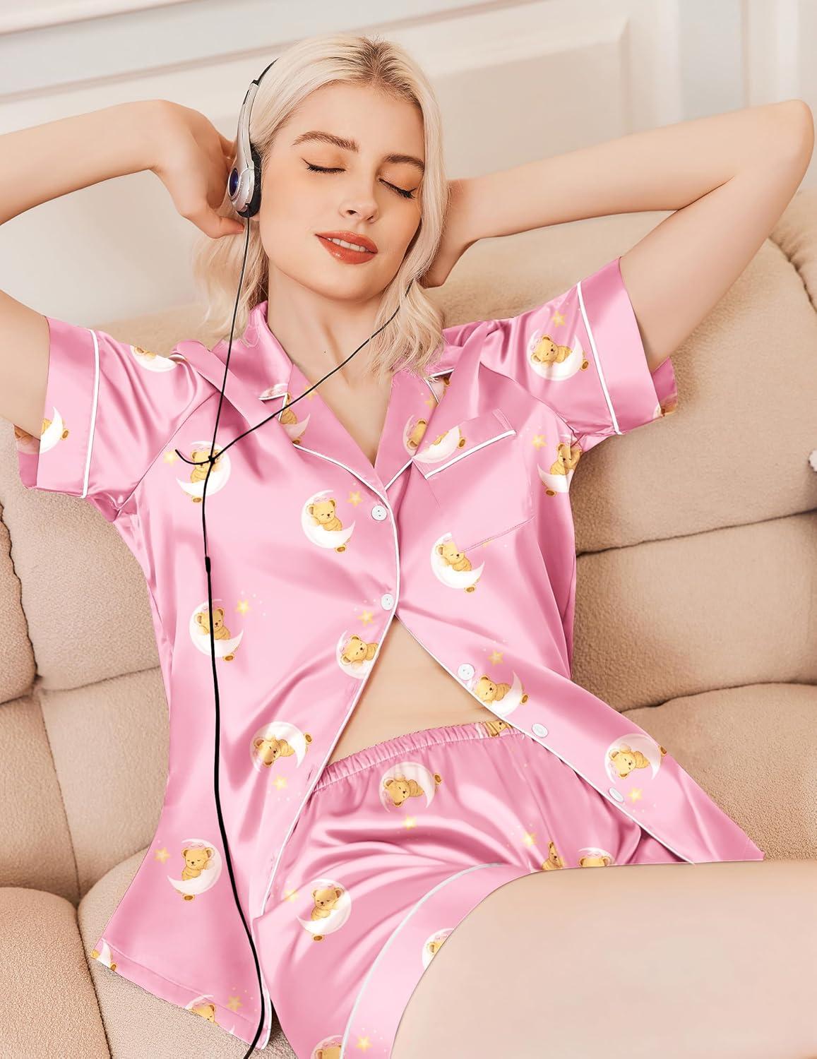 imageEkouaer Silk Pajamas for Women Short Sleeve Sleepwear Soft Button Down Loungewear 2 Piece Satin Pjs Shorts SetTeddy Pink