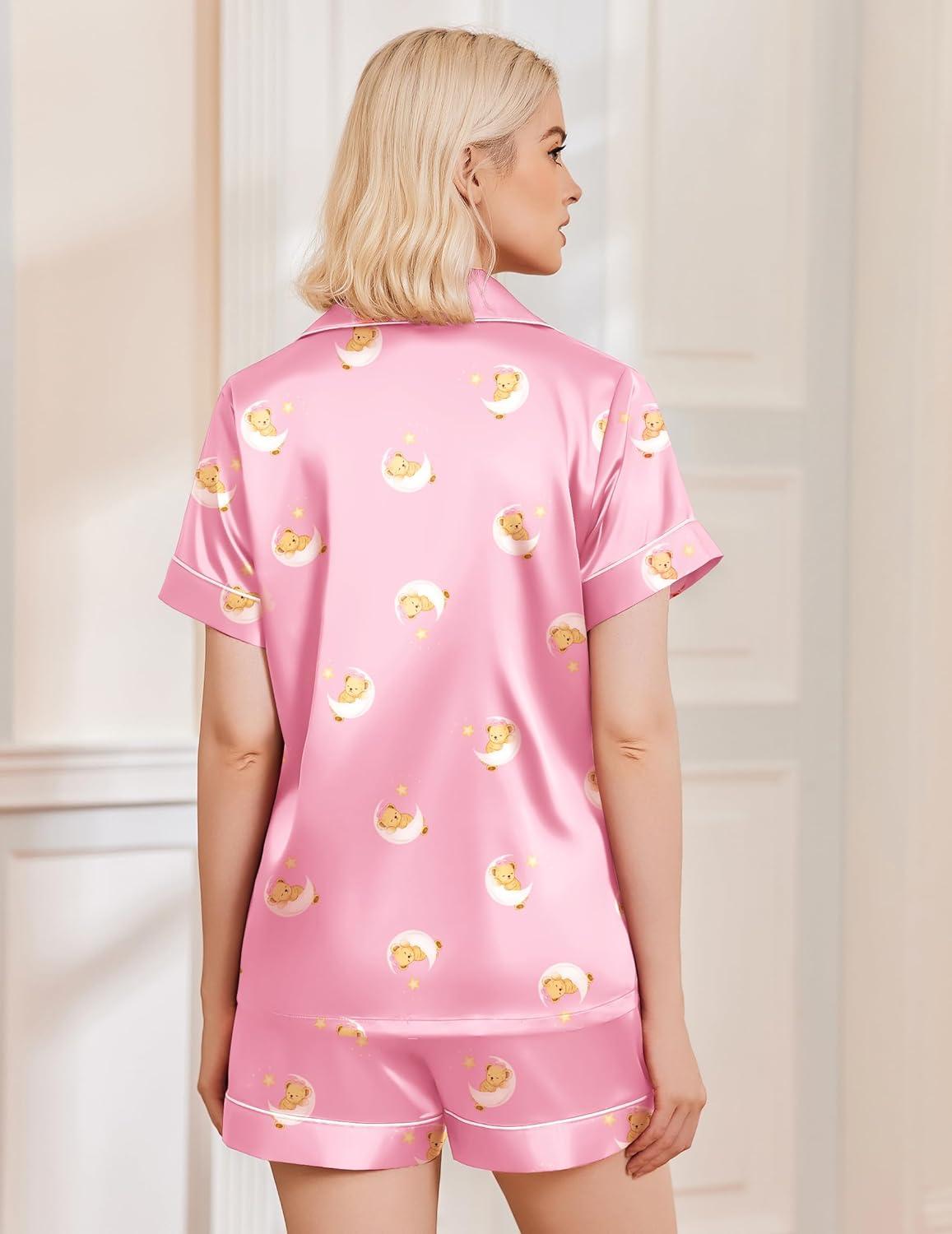 imageEkouaer Silk Pajamas for Women Short Sleeve Sleepwear Soft Button Down Loungewear 2 Piece Satin Pjs Shorts SetTeddy Pink