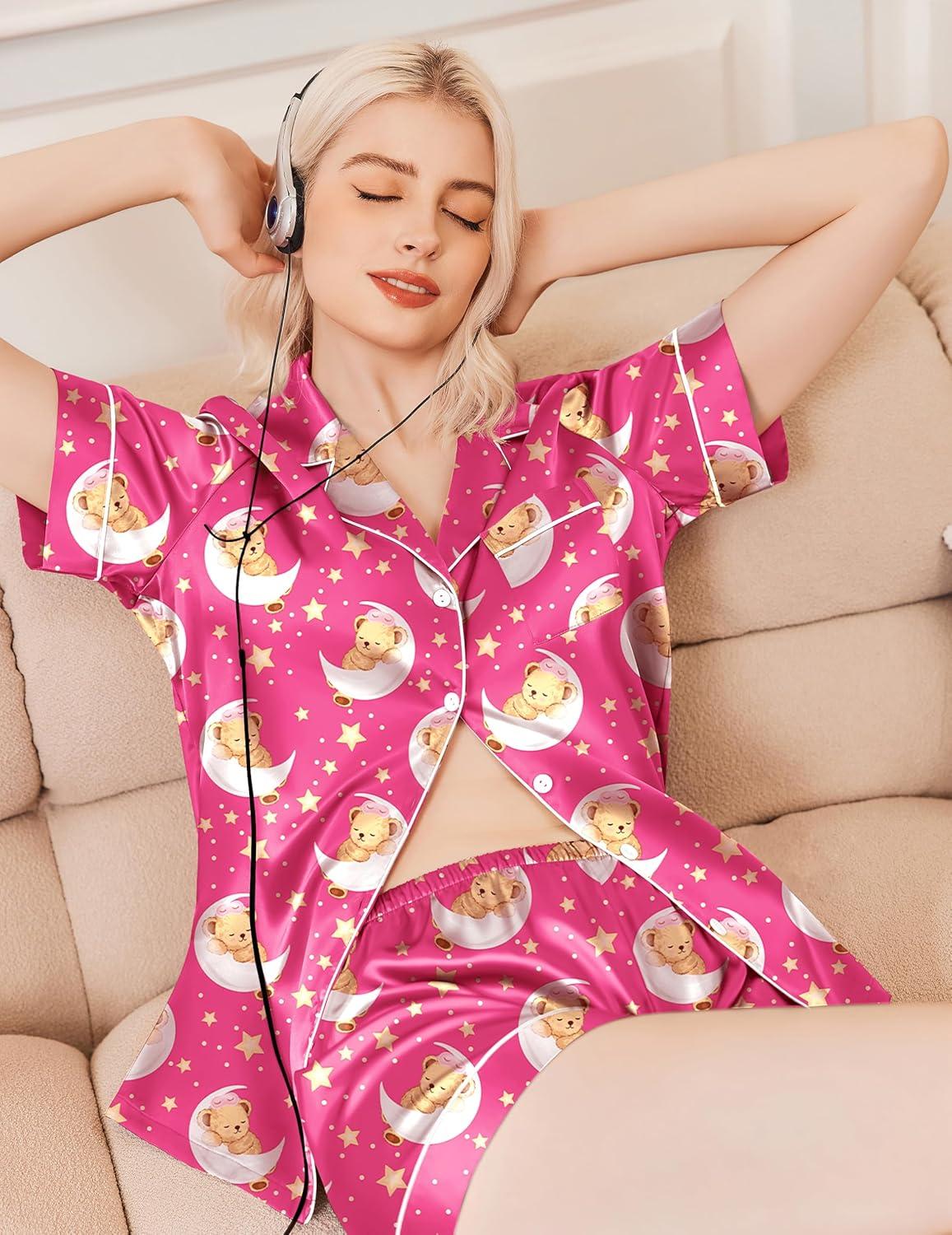imageEkouaer Silk Pajamas for Women Short Sleeve Sleepwear Soft Button Down Loungewear 2 Piece Satin Pjs Shorts SetTeddy Rose