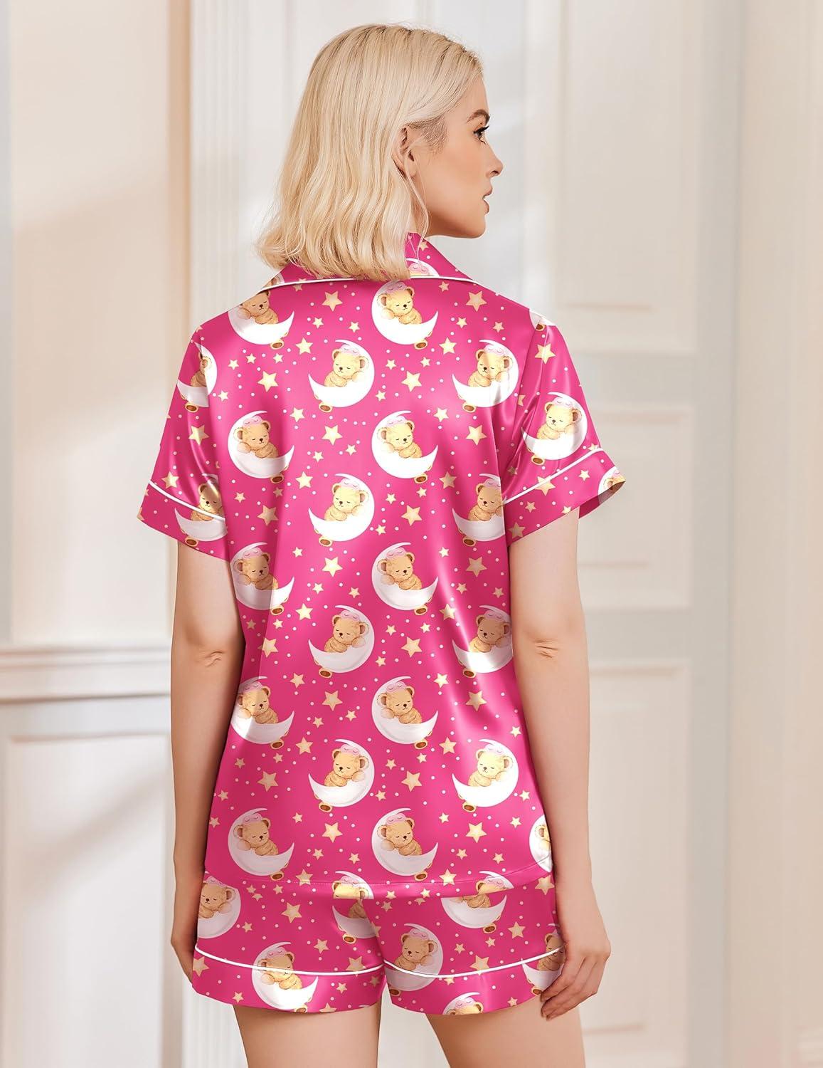 imageEkouaer Silk Pajamas for Women Short Sleeve Sleepwear Soft Button Down Loungewear 2 Piece Satin Pjs Shorts SetTeddy Rose