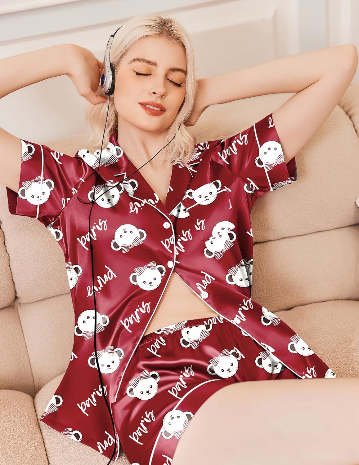 imageEkouaer Silk Pajamas for Women Short Sleeve Sleepwear Soft Button Down Loungewear 2 Piece Satin Pjs Shorts SetTeddy Wine