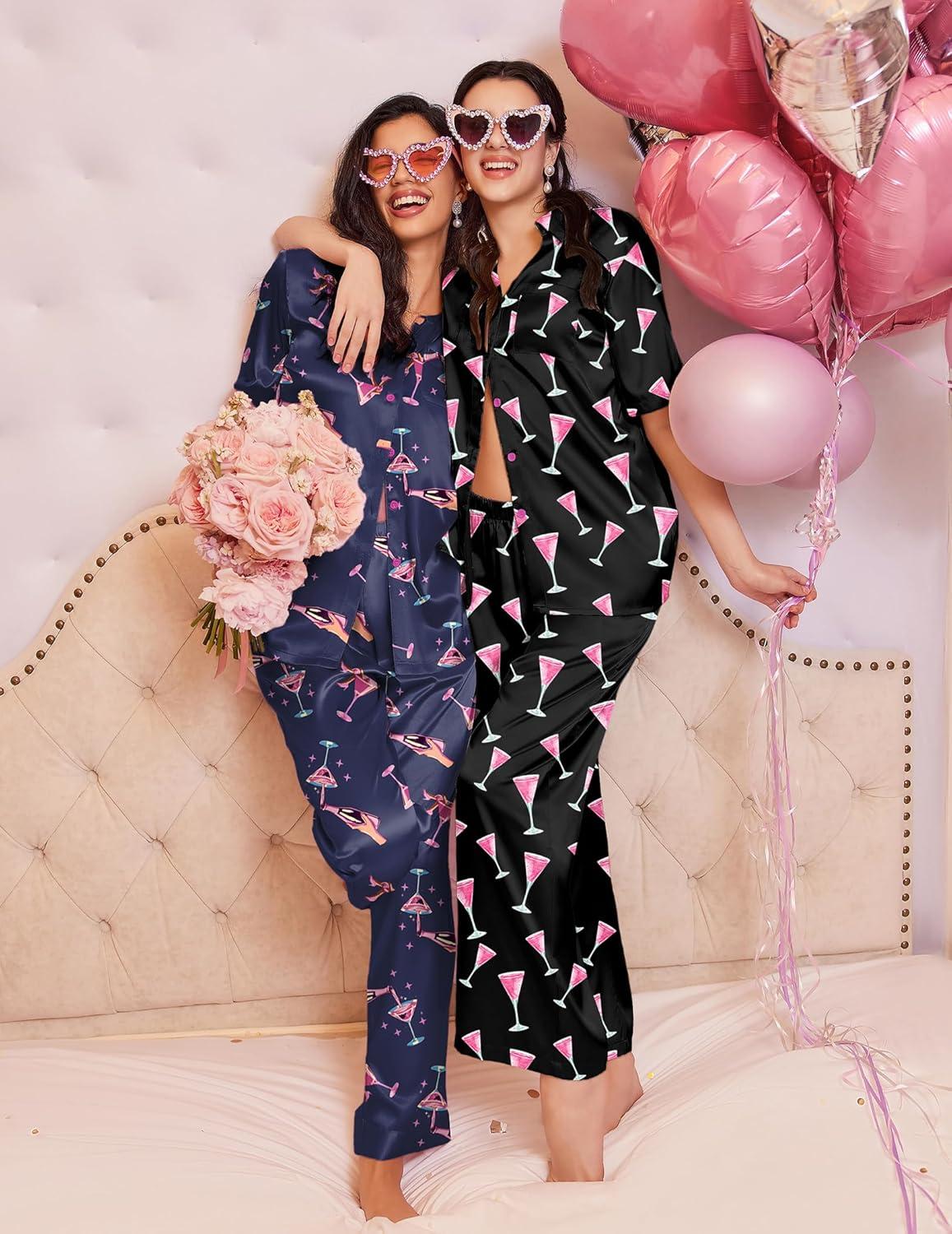 imageEkouaer Silk Pajamas for Womens Set 2 Piece Satin Pjs Soft Button Down Sleepwear Wide Leg Long Pants with PocketsBlackpink Wine Glass