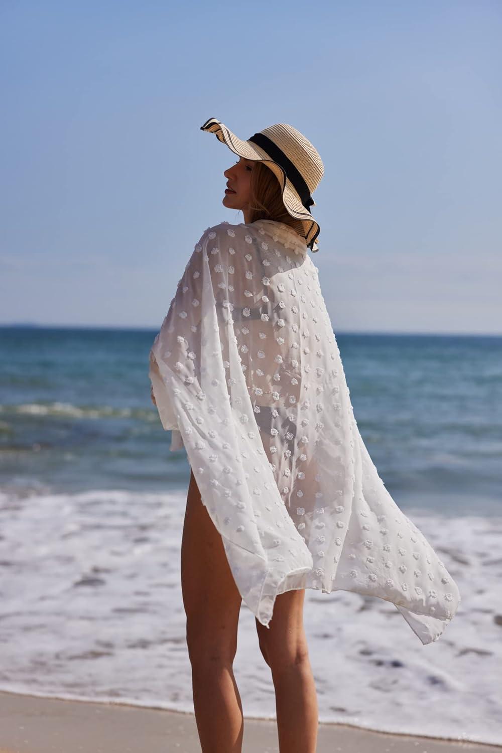 imageEkouaer Women Sarong Swimsuit Coverups Chiffon Long Bikini Wraps Sheer Beach Bathing Suit Cover Up5swiss Dot White