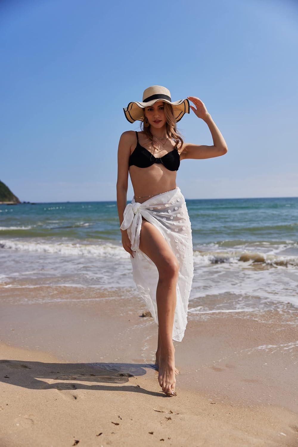imageEkouaer Women Sarong Swimsuit Coverups Chiffon Long Bikini Wraps Sheer Beach Bathing Suit Cover Up5swiss Dot White