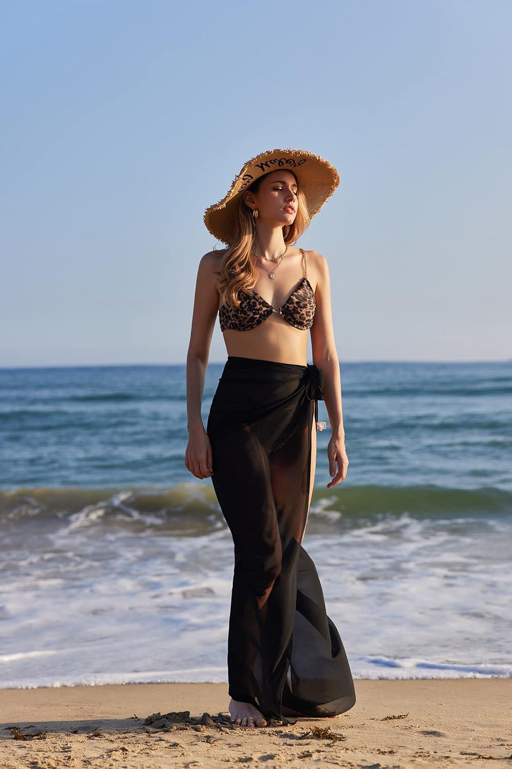 imageEkouaer Women Sarong Swimsuit Coverups Chiffon Long Bikini Wraps Sheer Beach Bathing Suit Cover UpBlack