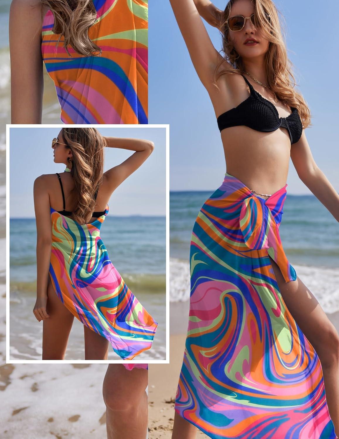 imageEkouaer Women Sarong Swimsuit Coverups Chiffon Long Bikini Wraps Sheer Beach Bathing Suit Cover UpBlack Pink Art Stripe