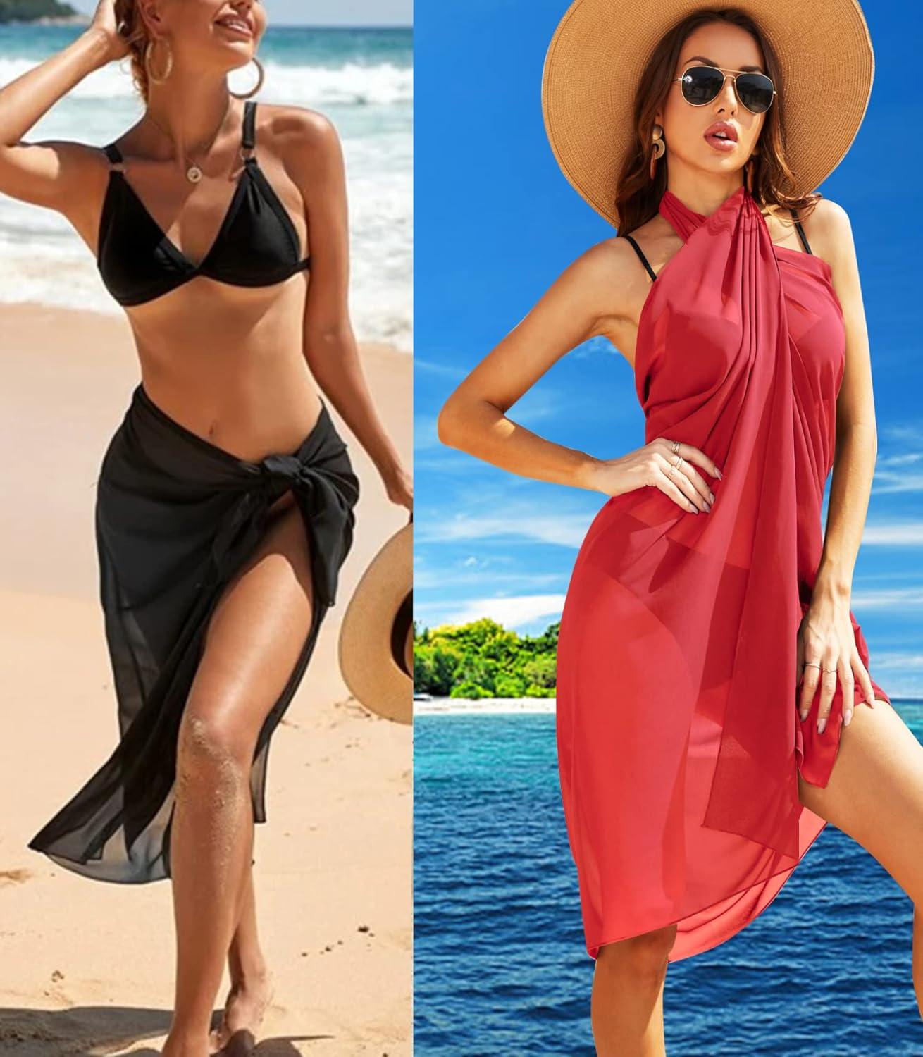 imageEkouaer Women Sarong Swimsuit Coverups Chiffon Long Bikini Wraps Sheer Beach Bathing Suit Cover UpBlackred