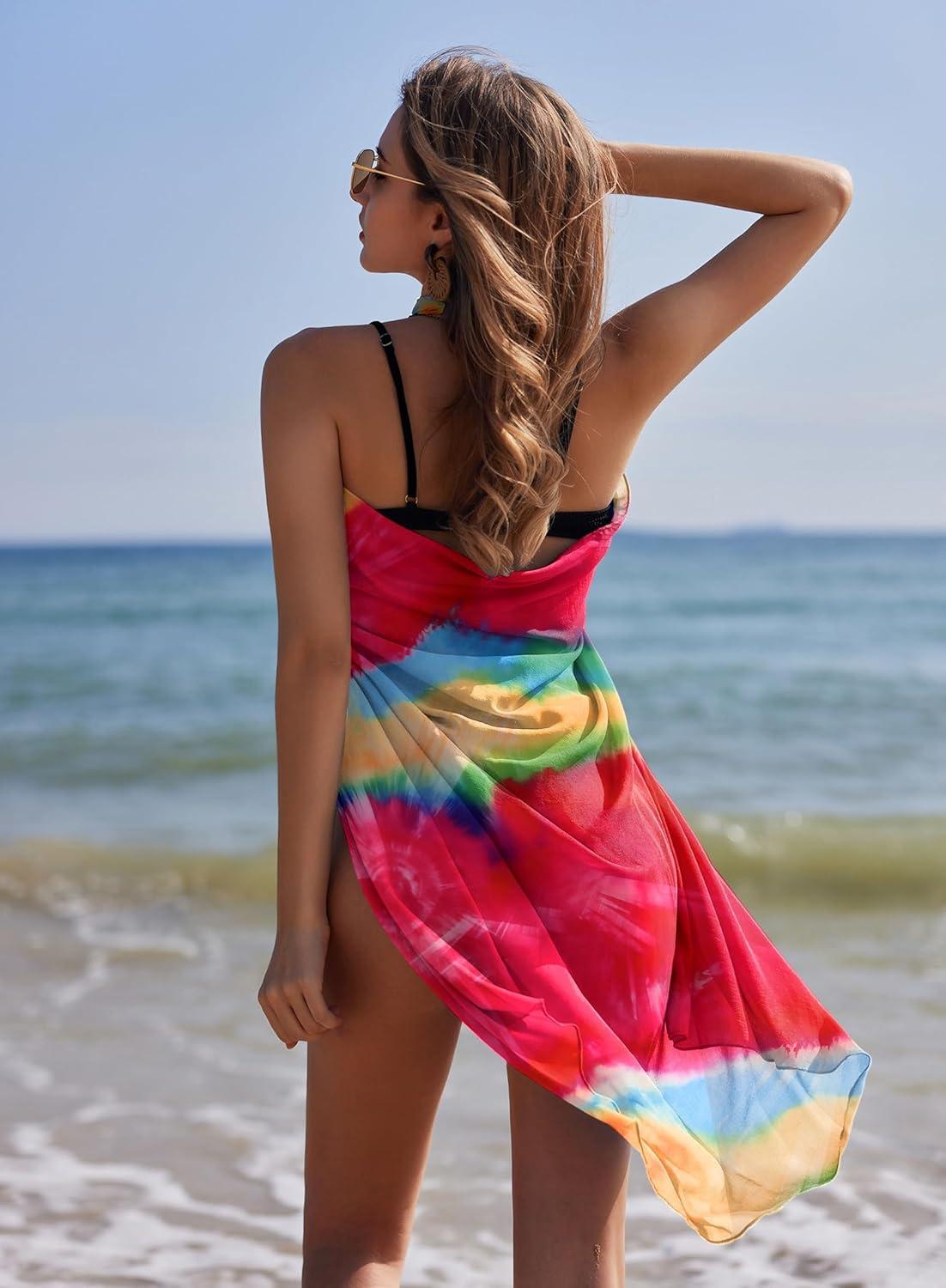 imageEkouaer Women Sarong Swimsuit Coverups Chiffon Long Bikini Wraps Sheer Beach Bathing Suit Cover UpColorful Rainbow