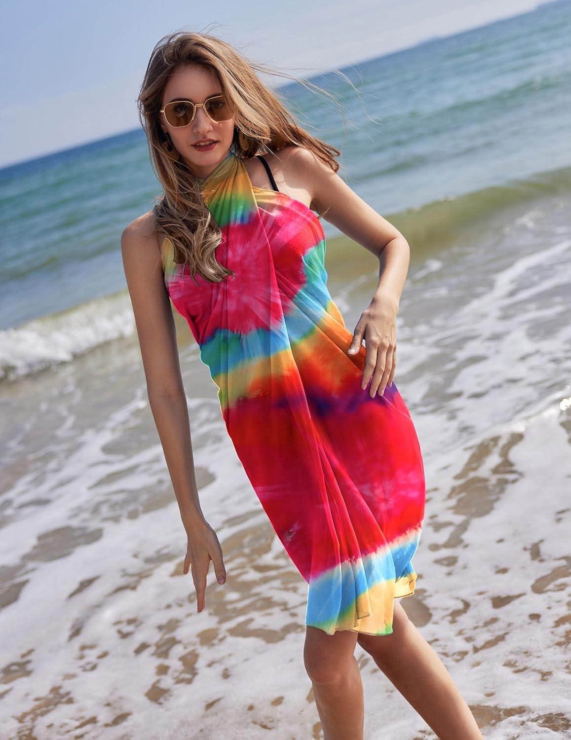 imageEkouaer Women Sarong Swimsuit Coverups Chiffon Long Bikini Wraps Sheer Beach Bathing Suit Cover UpColorful Rainbow