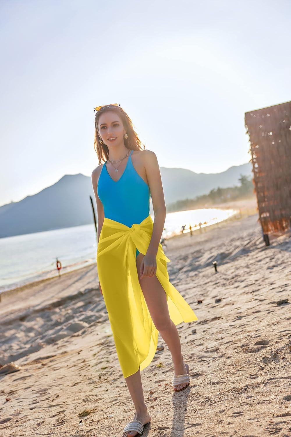 imageEkouaer Women Sarong Swimsuit Coverups Chiffon Long Bikini Wraps Sheer Beach Bathing Suit Cover UpGolden