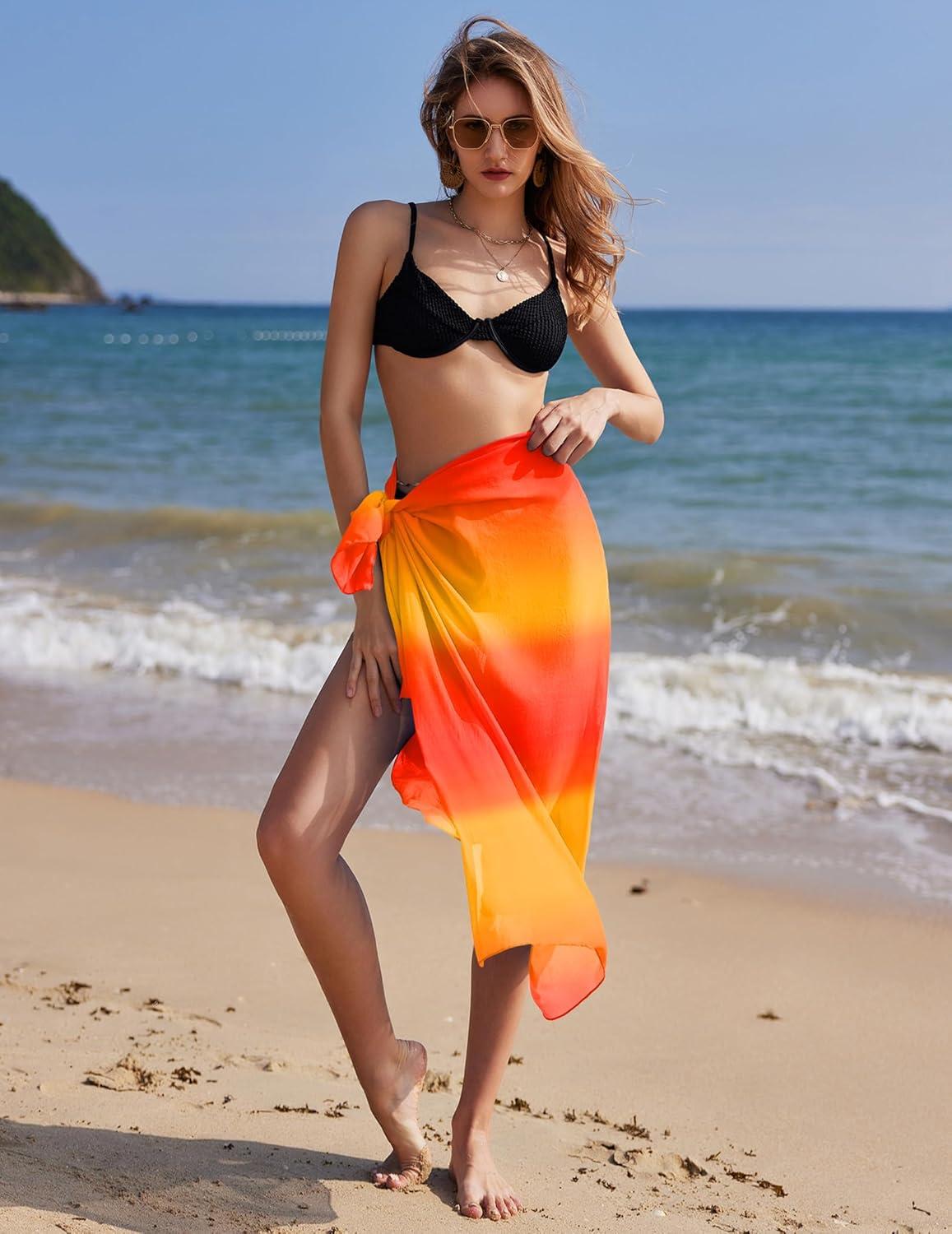 imageEkouaer Women Sarong Swimsuit Coverups Chiffon Long Bikini Wraps Sheer Beach Bathing Suit Cover UpGradientorange